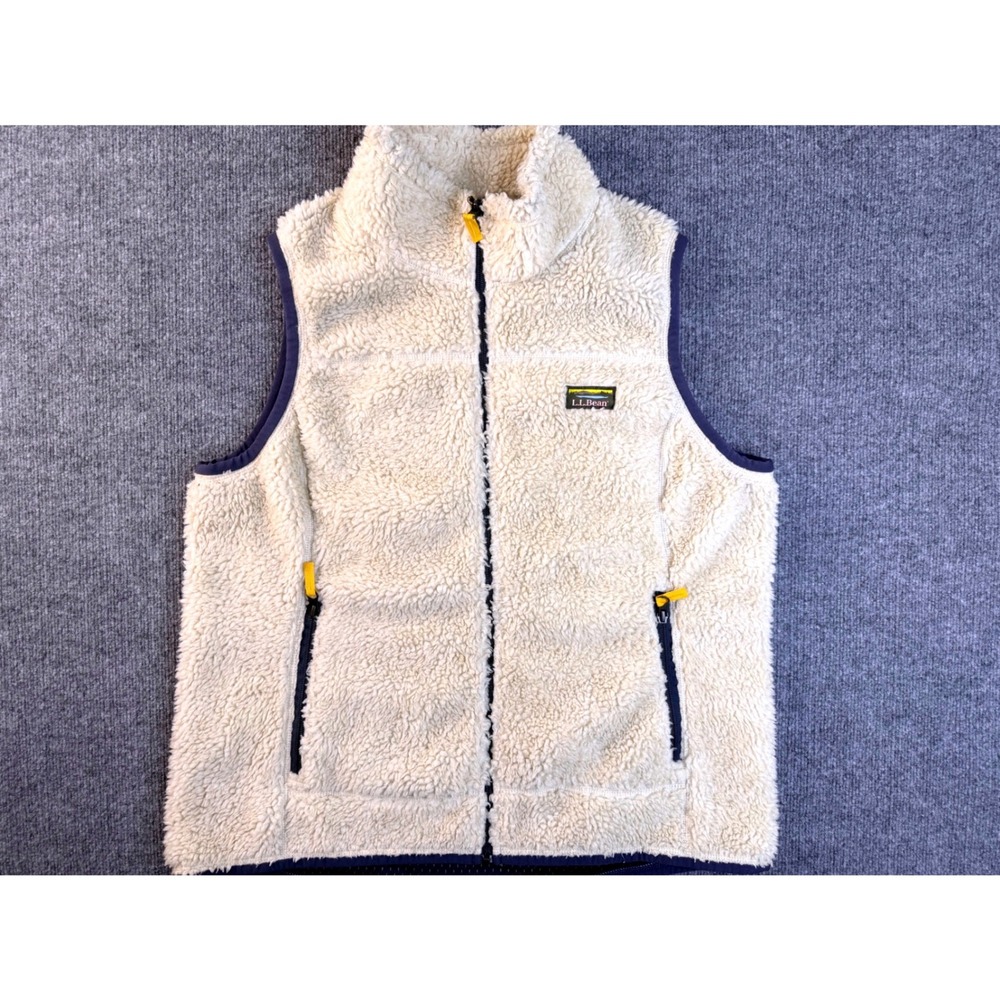 LL Bean Mens XL Cream Mountain Pile Fleece Vest Sherpa Heavyweight Full Zip Blue